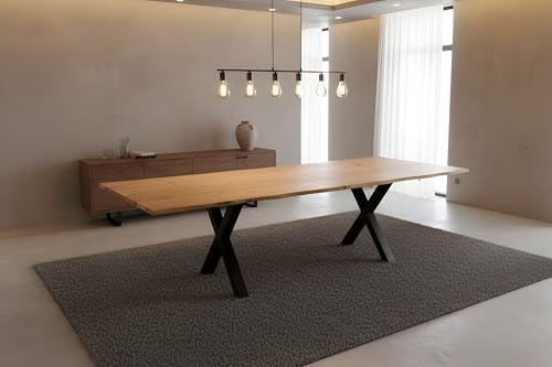 SAM Esstisch Sessa mit Ansteckplatten | 200 x 100 cm (erweiterbar auf 300 x 100 cm) |Eichenholz massiv + geölt | echte Baumkante | X-Gestell Metall schwarz | Baumkantentisch/Esszimmertisch