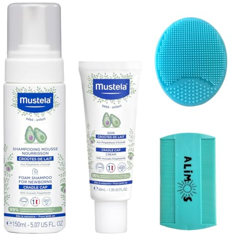 Mustela Cradle Cap Foam Shampoo For Newborns 150ml & Cradle Cap Cream 40 ml Bundled With Alimos Baby Bath Silicone Brush & Fine Tooth Comb