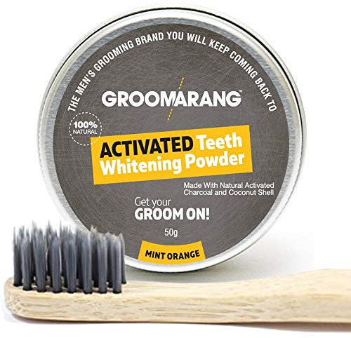 Groomarang Activated Charcoal And Coconut Shell Mint Orange Teeth Whitening Powder 50g FREE Bamboo Toothbrush