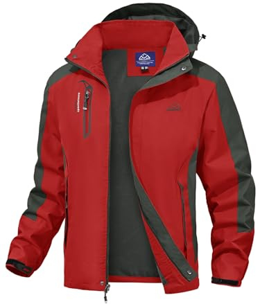 donhobo Giacca impermeabile da uomo, impermeabile, traspirante, antivento, giacca funzionale per attività all'aperto, in softshell, con cappuccio rimovibile, Uomo, Colore: rosso, L