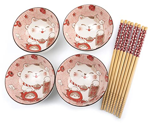 lachineuse - Set mit 4 Schalen Maneki Neko – Reisschale, Frühstück & Suppe – japanisches Geschirr aus Porzellan – mit Essstäbchen – Glückskatze – japanisches Kawaii Japan – Weiß & Rot