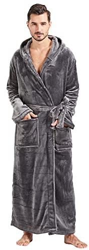 FashGudim Batas de Hombre Hombres Altos y Grandes con Capucha, Bata de Franela de Felpa Larga y Espaciosa para Hombres, Bata de Baño de Invierno Cálida (Gris, 5XL)