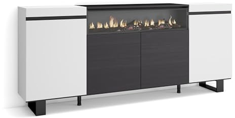 Skraut Home | Aparadores para salón | Gran Capacidad de almacenaje | 200x87x35cm | 4 Puertas | Chimenea eléctrica | Diseño Industrial | Estilo Moderno | Blanco y Negro