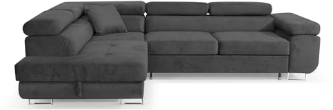 Ecksofa Aller L-Form mit Schlaffunktion und Bettkasten in Jasmine, Links Ottomane (Dunkelgrau)