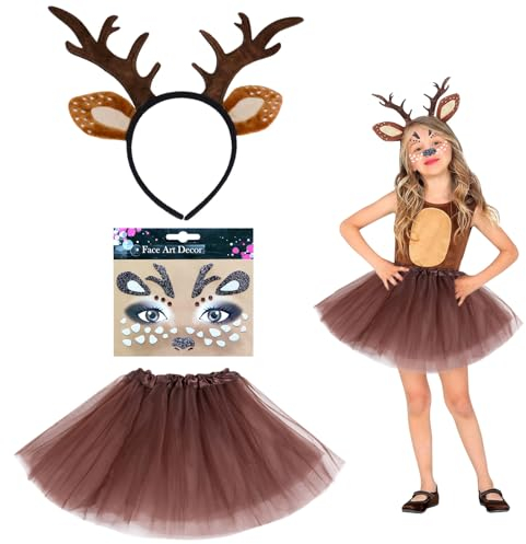 UILYNIU 3 Stück Kostüm Rentier Stirnband Mädchen Tierkostüm Kinder mit Rentier Haarreif mit Ohren Gesichtstattoo Tutu Hörner Hirschohren für Karneval Halloween Kostüm Tier Ohren Weihnachten (3PCS)