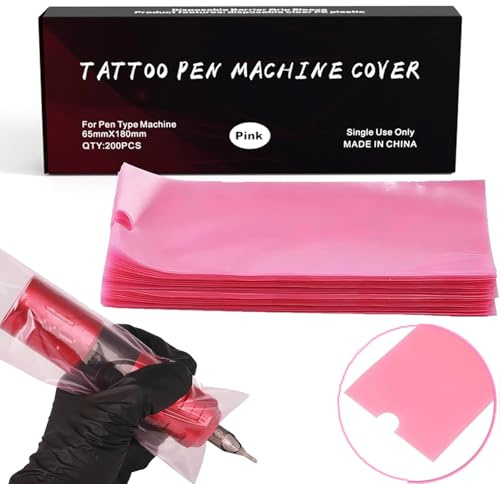 LEAYOKA 200pcs Pink Tattoo Pen Covers - 2.56 X 7.11inch Disposable Tattoo Machine Wrap Cartridge Sleeves
