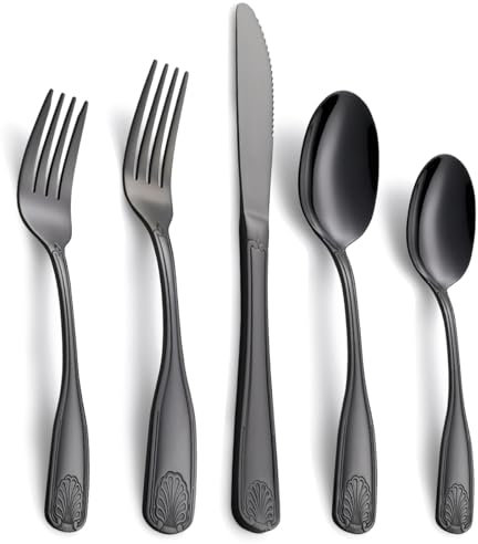 Deeny Jarte Couverts de Table noirs 20 pièces, couverts en acier inoxydable pour 4 personnes, set de couverts avec motif de coquillage, ensemble de couteaux, fourchettes et cuillères