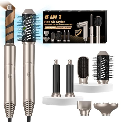 UKLISS 6 in 1 Hair Air Styler mit 60,000 U/min Föhn Diffusor Set Heißluft Lockenwickler Rundbürstenföhn Warmluftbürste Hairstyler Lockenföhn Lockenbürste Föhnbürste Haarföhn Stylingbürsten, Gold