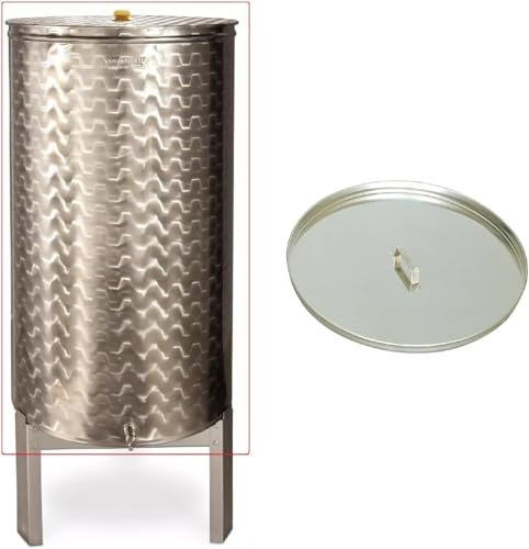 BOTTE, CONTENITORE INOX PER VINO, CON GALLEGGIANTE AD OLIO ENOLOGICO,DA LT 200 COMPRESO DI COPERCHIO PARAPOLVERE INOX,GALEGGIANTE AD OLIO,RUBINETTO INOX E PIEDISTALLO IN ACCIAIO ZINCATO MADE IN ITALY