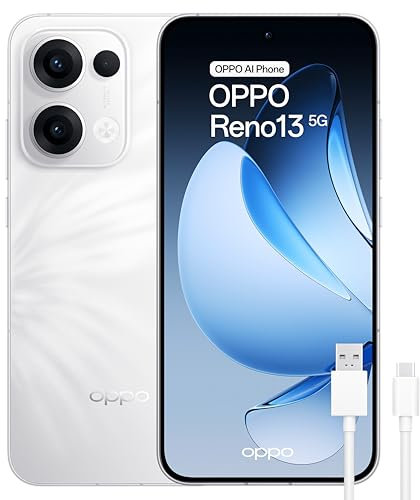 OPPO Reno13 5G - Smartphone Libre con IA, 12GB RAM + 256, Pantalla AMOLED 6.6 120Hz, Cámara 50MP, IP69, Batería 5.600, Carga Rápida 80W, Versión Española - Blanco