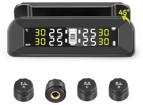 TPMS Tyre Pressure Monitoring System, Solar/USB Charging Wireless Tyre Pressure Monitor, Adjustable Universial Car Tire Pressure Monitor System with 4 External Sensors 6 Alarm Modes 0-3 Bar 43Psi
