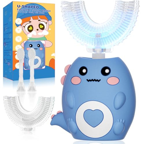 Lwalaneng Kids U Shaped Electric Toothbrush, with 3 Cleaning Modes, with 4 Brush Heads, 360° Sonic Automatic Toothbrush, IPX7 Waterproof Cartoon Dinosaur Design (Ages 2-12)