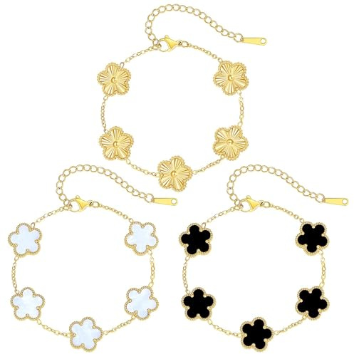 Qaestuan 3 Stücke Vierblättriges Kleeblatt Armband, 18K Goldplattiertes Kleeblatt Armbands, Modische Exquisite Freundschaft Armband, Luxuriöses Glücksarmband, für Damen und Mädchen