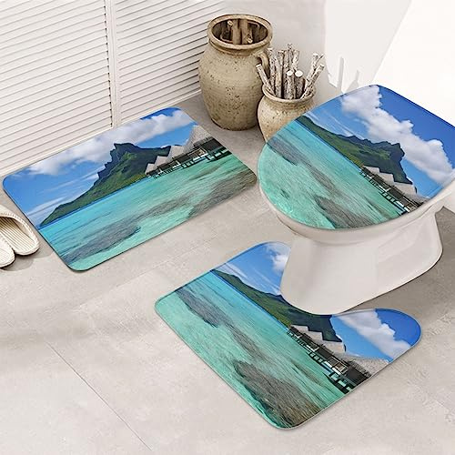 3 Piece Bath Mat Set Tahiti Beach U Shape Wc Toilet Rug Anti Slip With Rubber Backing Contour Rug Set, For Floor Tub, Bedroom, Indoor