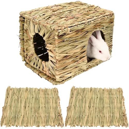 MINGZE Pieghevole casa di paglia, coniglio casa dell'erba, per Rabbit Furetto, Multi-Utility, commestibile, non tossico, giocattolo da masticare per piccoli animali con 2 tappeti d'erba