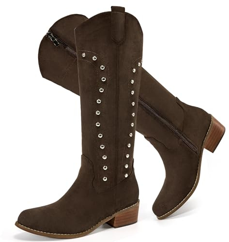 Alicegana Western Cowboy Boots for Women - Knee High Wide Calf Suede Cowgirl Boots Comfortable Slip On Zipper Pointed Toe Chunky Heels Tall Boot for Fall Winter