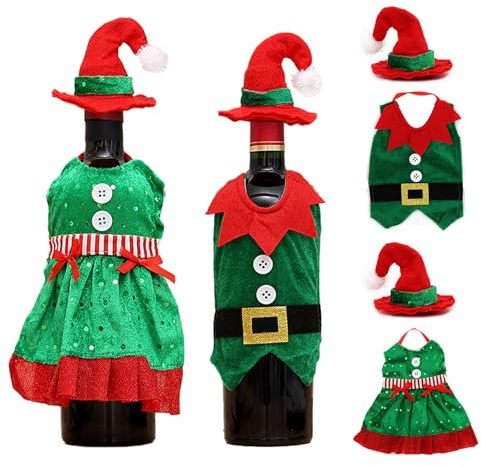 FOSDICK 2 Stück Flaschen Deko Weihnachten, Schürze Flaschenverpackung Weihnachten, Weinflaschen Verpackung Weihn, Flaschenüberzug weihnachtens, Weihnachtsdeko Flaschen für Rotwein, Champagner,23x20cm