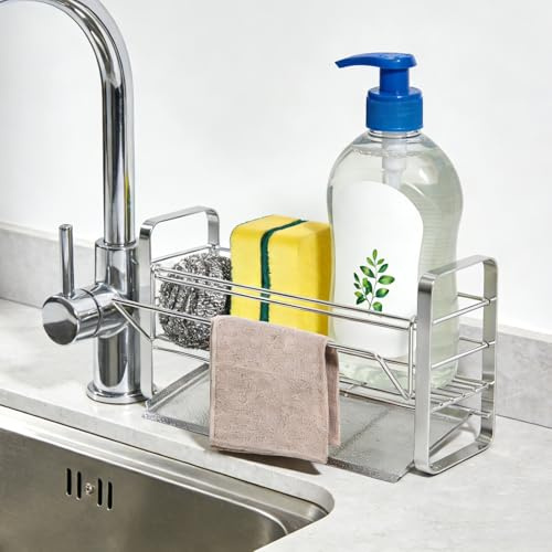 Kinberry Organizador de fregadero de acero inoxidable, organizador de fregadero multifuncional, con escurridor y soporte para paños de cocina, ahorra espacio, ideal para encimeras