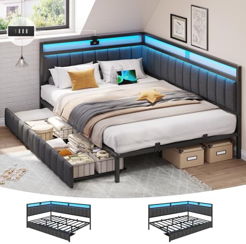 DICTAC Double Bed Frame with 2 Storage Drawers,Charging Station and Led Lights 4ft6 Double Daybed with Storage 135x190 Corner Platform Bed with Upholstered Guardrail,Space-Saving Double Sofa Bed,Grey