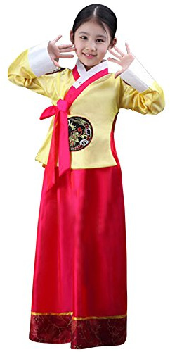 CRB Fashion Girls Traditional Kids Korean Hanbok Outfit Dress Costume (150cm, Yellow Red)