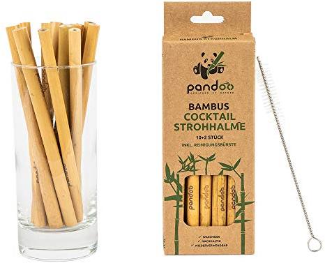 pandoo 12er-Pack Cocktail-Strohhalme aus 100% Bambus inklusive Reinigungsbürste | Wiederverwendbare & umweltfreundliche Trinkhalme | 100% biologisch abbaubar Natur
