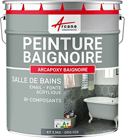 Peinture Baignoire Lavabo Bac à douche : Résine Salle de Bain pour Baignoire émail, acrylique et fonte - 2.5 kg (jusqu'à 8 m² en 2 couches) Gris fer - RAL 7011 - ARCANE INDUSTRIES