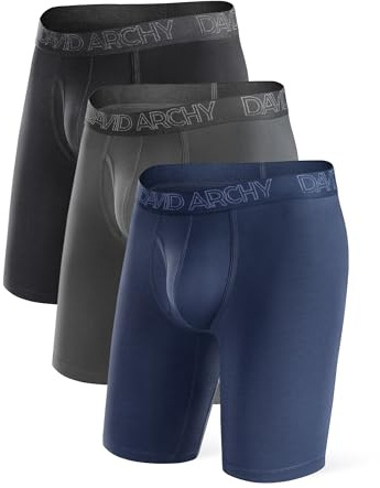 DAVID ARCHY Mens Underwear Boxer Briefs Breathable Soft Moisture-Wicking with Fly Underwear Long Leg 8 for Men 3 Pack (L, Black/Dark Gray/Navy Blue - 8 in 3 Pack)