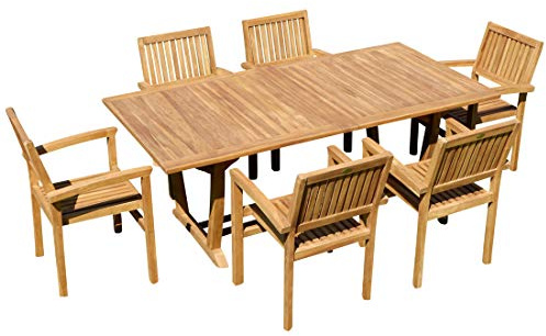 ALEOS. Teak Gartengarnitur Gartenset Sitzgruppe Ausziehtisch Tobago 200-250-300x100 cm mit 6 Stapelsessel Miami aus Teakholz Gartenmöbelset Esstischgruppe Sessel stapelbar
