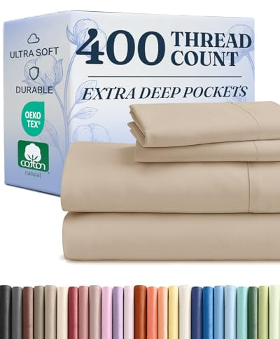 CGK Unlimited Extra Deep Pockets 400 Thread Count 100% Cotton 4 Piece Bedding Sheet Set - Breathable & Cooling - Hotel Luxury Bed Sheets Set- Soft, Wrinkle Free & Comfy, Queen, Cream