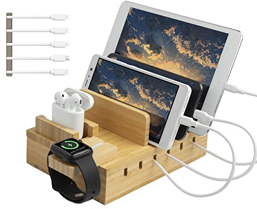 TechDot Station de Charge en Bambou pour Téléphones Portables et Tablettes - Plusieurs Appareils - 5 Ports USB