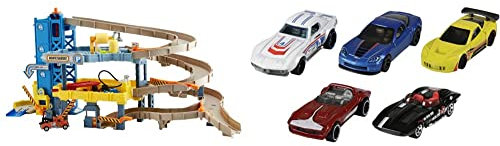 Matchbox CJM67 Garage mit 4 Etagen, Spielzeug ab 3 Jahren & Hot Wheels 1806 - Geschenkset, je 5 Fahrzeuge, zufällige Autos/Fahrzeugmodelle, 5er Pack