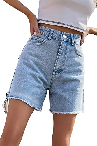 GOLDPKF Ladies Shorts Denim Shorts for Women Cotton High Waist Jeans Shorts Women Summer Middle Length Knee Cargo Hot Pants Sky Blue UK Medium