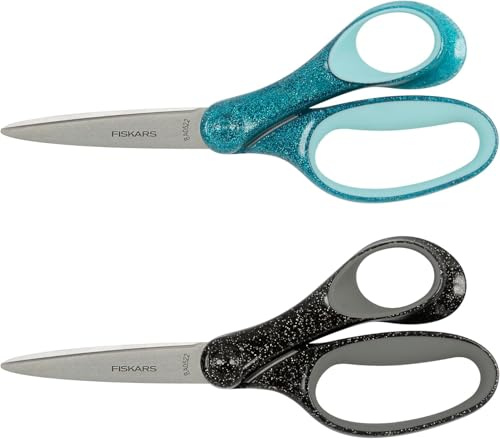 Fiskars 7 Student Glitter Scissors for Kids Ages 12-14 (2-Pack), Scissors for School or Crafting, Back to School Supplies, Black and Turquoise