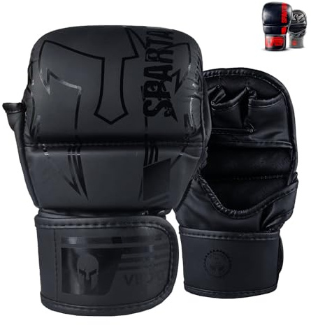 MMA Gloves Sparring Grappling, Hybrid Open Palm Heavy Bag Gloves Men Women, Maya Hide Leather Wrist Support, Cage Fighting Combat Sports Boxing Training, Punching Bag Gloves (All Black, S/M)