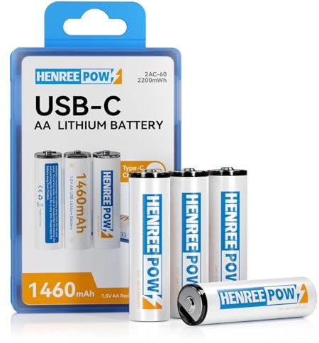 Henreepow Batterie AA ricaricabili, batteria al litio doppia A, 1,5 H USB C ricarica rapida 1,5 V tensione costante 1200 cicli batterie di lunga durata (confezione da 4)