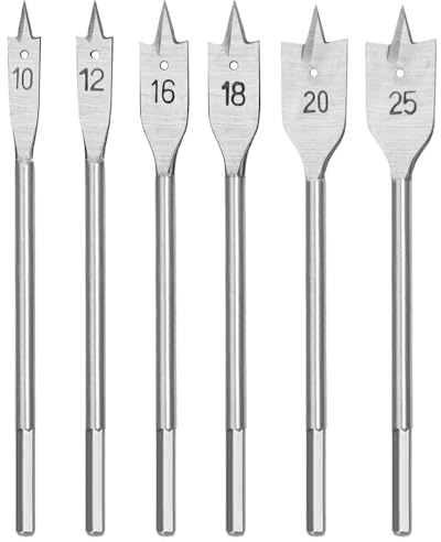 Hyamass Spade Drill Bit Set - 6-Piece Carbon Steel Spade Bits with 1/4 Hex Shank for High-Speed Wood Drilling in Plywood, Particleboard & Fiberboard (10-25mm)