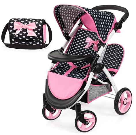 Bayer Design 39460AA Twin dolls pram, double doll stroller, adjustable handle, foldable, bag