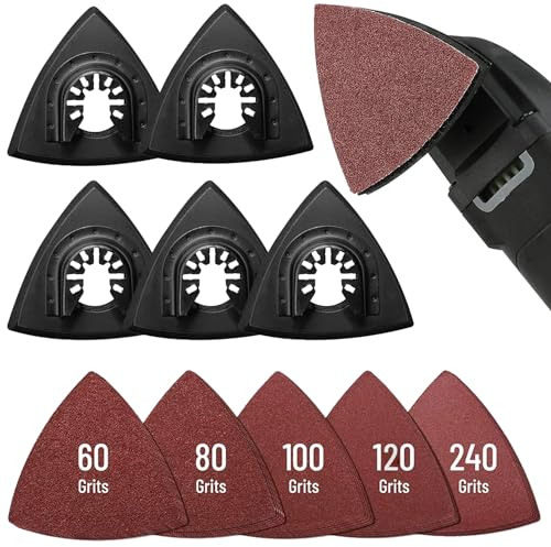 Multitool - Placa de lija para lijadora Delta: TOATELU 125 unidades de papel de lija triangular+5 soportes triangulares para almohadilla de lijado, juego de lijado, 25 unidades de 60/80/100/120/240