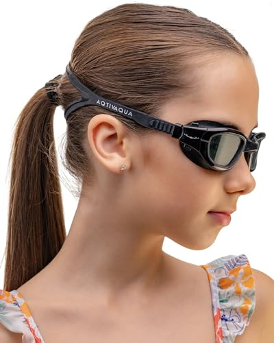 AqtivAqua Kids Swimming Goggles Kids 6-14 3-6 Swim Goggles for Childrens Girls Boys MINI-DXP (All Black, Polarized lenses)