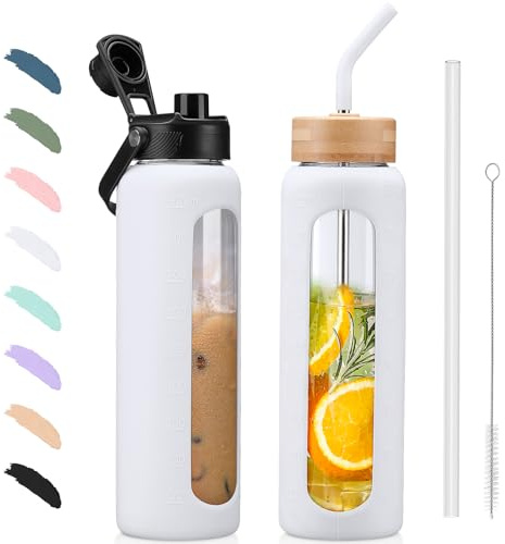 BLUEGO 900ml Glass Water Bottle with Straw and 2 Lids Glass Coffee Cup with Time Marker and Silicone Protector Glass Tumbler for Beverages Soda Cola BPA Free, White