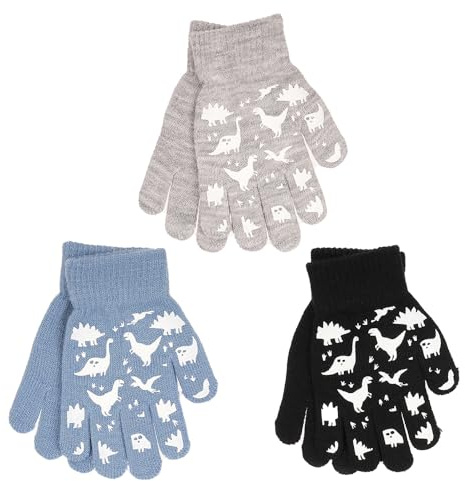 3 Pairs Unisex Kids Boys Girls Themed Children's Magic Winter Gloves Soft Warm Thermal Knit Full Finger Stretchy Ages 3-10 Years One Size (Dinosaur #1064)