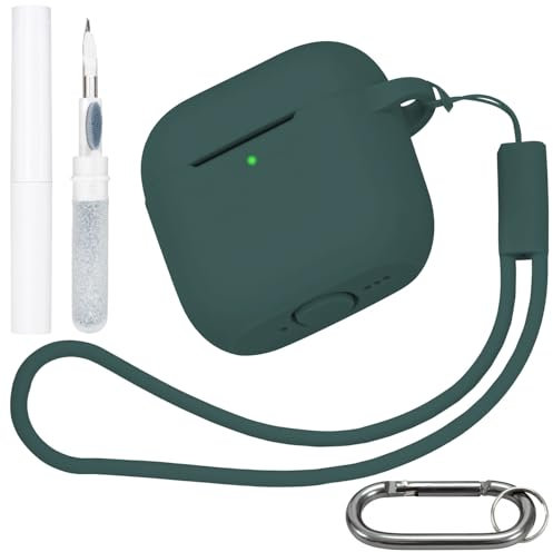 Carcasa compatible con Air Pods 4 2024, carcasa de silicona compatible con Apple AirPods de 4 generación, carcasa antigolpes para AirPods con kit de limpieza AirPod, mosquetón y cordón (Verde)