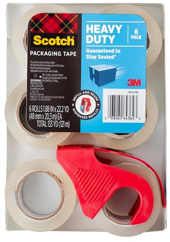 Scotch Heavy Duty Shipping Packing Tape, Clear, Shipping and Packaging Supplies, 1.88 in. x 22.2 yd., 6 Tape Rolls with 1 Dispenser