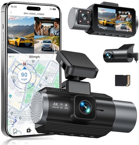 GKU 3 Canali Dash Cam Auto, 4K+1080P+1080P Telecamera per auto, Mini Dashcam IPS 3 con Scheda SD 64G, 5GHz WiFi e GPS, 24H Monitor di Parcheggio,Visione Notturna,WDR,Grandangolo 170°,Sensore G