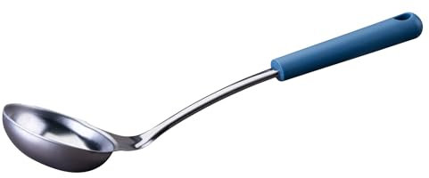 Fackelmann Mestolo Essential in acciaio inox con manico blu scuro, perfetto per servire zuppe e stufati, lavabile in lavastoviglie