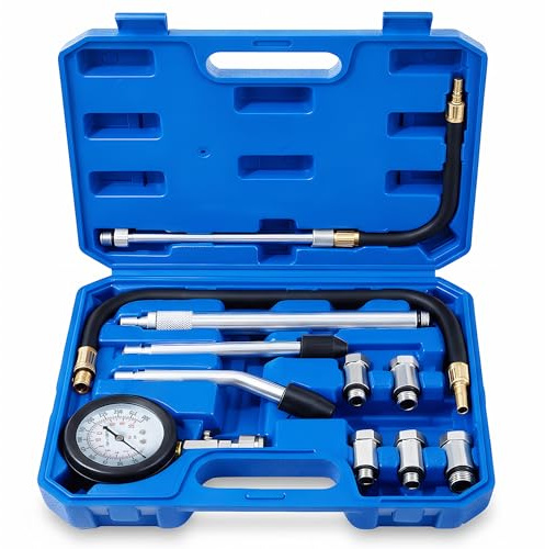 Testeur de compression de moteur à essence - 11 pièces - Manomètre double échelle 0-300 PSI / 0-20 bar - Kit testeur de pression cylindrique avec adaptateurs M10 M18 et rallonges