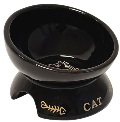 Nobby Ciotola in ceramica per gatti rialzata GOLDEN CAT nero, Ø 13,5 x 9 cm, 250 ml