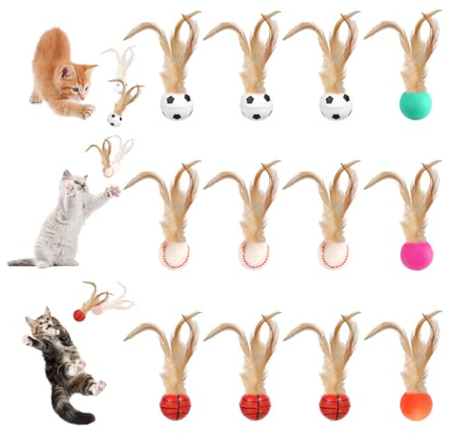 12 Pièces Balles de Chat de avec Plumes Artificiel de 25 mm | Balle Rebondissante, Balles pour Chat avec Plume, Jouet Interactif pour Chatons pour L'entraînement des Chatons à L'intérieur