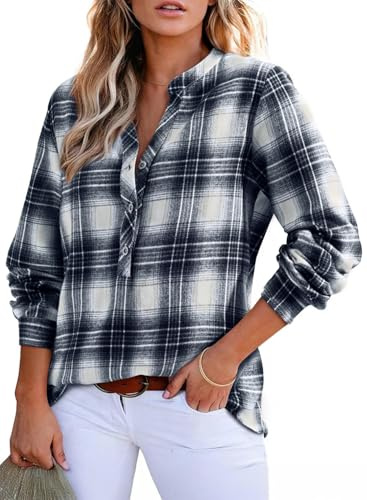 GRMLRPT Chemisier à Carreaux pour Femme à Boutons Blouse Femmes Manche Longue Chemise Col en V Décontracté Pulls Automne Printemps(Bleu,L)