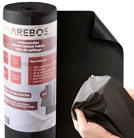 AREBOS Toile Anti-Mauvaises Herbes 150 g/m² – perméable à l’Eau, résistante à la déchirure, stabilisée UV | Toile de Sol pour parterres, allées et Gravier 1x50 m